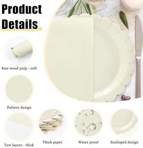 HEIPINIUYE 50 Pcs Ivory Paper Plates and Napkins Party Supplies Include 7'' Ivory Scalloped Plates and 6.5'' Paper Napkins Disposable Tableware Set for Dinner Wedding Birthday Party (Serves 25) - Image 4