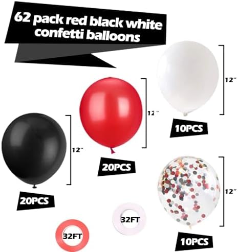62Pcs Red and Black Balloons Kit - 12 Inches Red Black Party Decoration Balloons for Graduation Casino Theme Birthday Graduation Party Decorations Supplies - Image 4