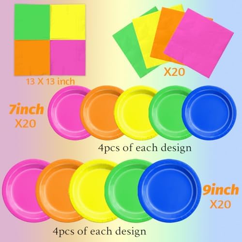 CMUSKO Glow in the Dark Party Supplies - 60Pcs Neon Party Plates & Napkins Set 80s Neon Let's Glow Themed Tableware for Birthday - Image 4