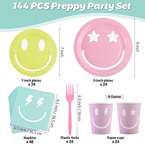 durony 144 Pieces Preppy Smile Face Party Tableware Set Party Decorations Include Smile Face Paper Plates Napkins Cups and Forks for Preppy Birthday Party Baby Shower Decor, Serve 24 Guest - Image 2