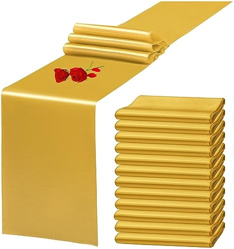 12 Pack Gold Satin Table Runner 12 x 108 Inch Long Premium Table Runners, for Wedding Party Events Decoration, Birthday Parties, Banquets Decorations, Graduations, Engagements by YMHPRIDE