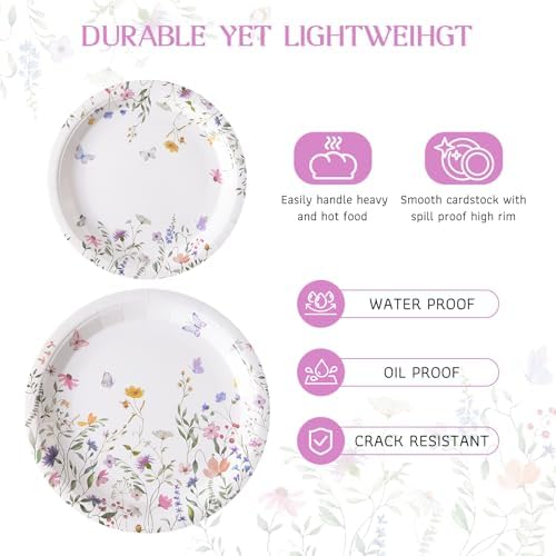 96PCS Wildflower Paper Plates and Napkins, Disposable Floral Plates for Bridal Shower, Garden Party, Wedding, Mother's Day, Spring Party, Baby Shower, Afternoon Tea Party - Image 5