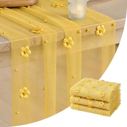 Artoid Mode Yellow Flower Pearl Yellow Gauze Table Runner 10FT 3PC, Seasonal Sheer Dining Holiday Wedding Birthday Baby Shower Table Decor for Home Party by ArtoidMode
