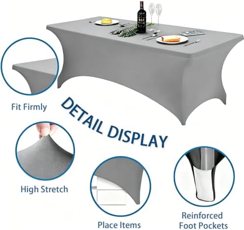 6FT Light Grey Table Cloth - 2 Pack Fitted Stretch Rectangle Spandex Tablecloth, Washable Table Cover for Party, Picnic, Wedding, Banquet, Birthday and Festival(30" x 72") - Image 5