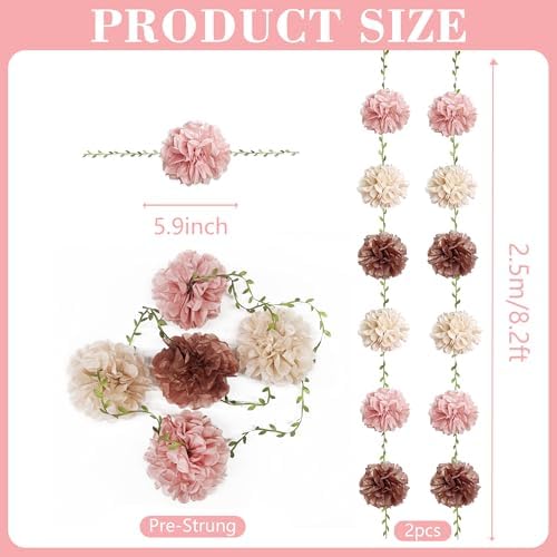 Dusty Pink Party Decorations Rose Gold Dusty Pink Beige Tissue Paper Flowers Pom Pom with Leaf Ribbon Hanging Garland Streamer for Birthday Wedding Shower Bridal Shower Engagement Party Supplies - Image 2