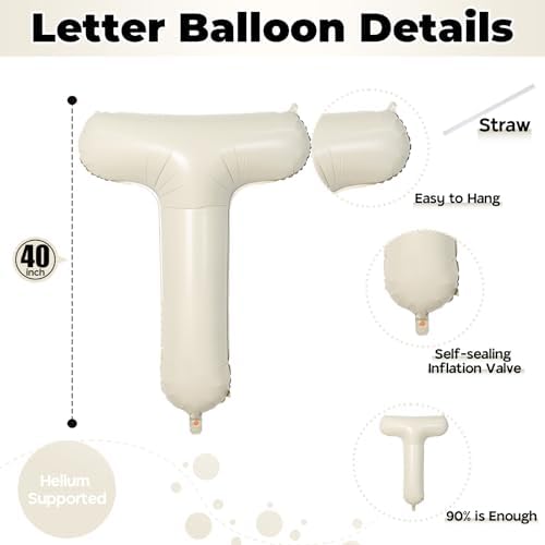 40 Inch Beige Letter Balloon, Cream White Sand Alphabet With Ribbon for 2 Year Old Birthday, Second Anniversary Party Decorations - Neutral Ivory for Kids, Boys, Girls - Image 2