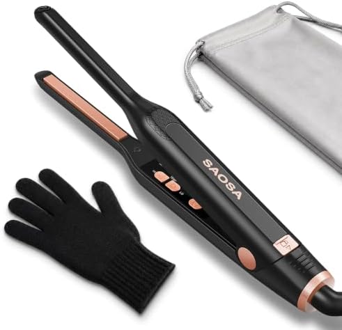 SAOSA Mini Pencil Flat Iron for Short Hair - 0.3" Ultra-Thin Hair Straightener & Curler, 9 Temp (190°F-430°F), Ceramic Tourmaline, Fast 30s Heat Up, Travel Kit with Pouch & Glove, Dual Volt(Rose Gold) by SAOSA