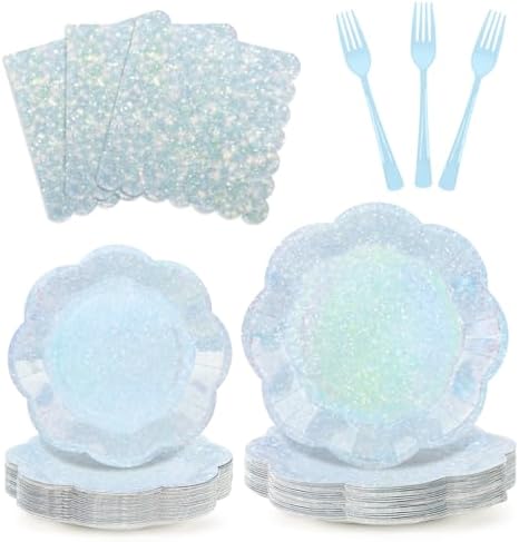 100pcs Blue Paper Plates and Napkins Party Supplies,Iridescent Disposable 9inch Plates,7inch Dessert Plates and Napkins and Forks,Holographic Tableware for Birthday Baby Shower,Serves 25 by CENLBJ