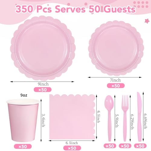 350 Pcs Pink Plates and Napkins, 50 Set Scalloped Pink Dinnerware - Image 2