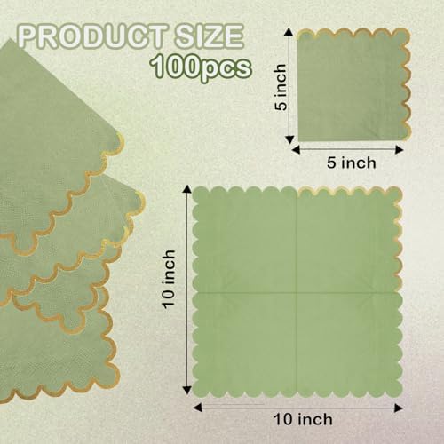 100 pack Sage Green Cocktail Napkins with Gold Foil Accents Scalloped Edges 5 x 5 inch Beverage Disposable Napkin Party Decoration Wedding Bridal and Baby Shower Dinner Lunch Supplies - Image 2