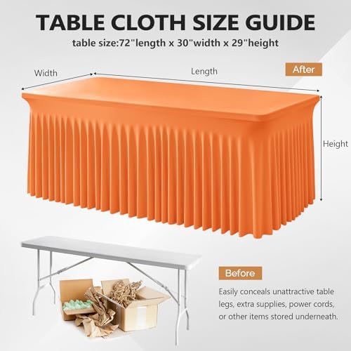 Wish Care 6 Pack Orange Spandex Table Clothes for 6 Foot Rectangle Tables, 6FT Wrinkle Free Fitted Tablecloths Ruffles Design Table Cover for Party, Banquet, Wedding and Events - Image 3