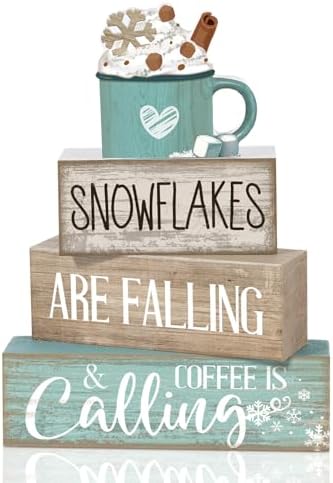 Moucuny 4 Pcs Wooden Block Signs Farmhouse Table Decor Winter Coffee Cup by Moucuny