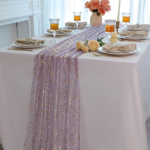 3Pcs Dusty Purple Gold Table Runner Metallic Foil Shimmer Sheer Gauze 10ft - Image 5