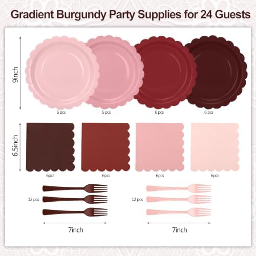 Pink and Burgundy Paper Plates and Napkins,Include Gradient 9inch Plates Napkins Forks Disposable Party Supplies for Baby Shower,Birthday,Wedding,Serves 24 - Image 3