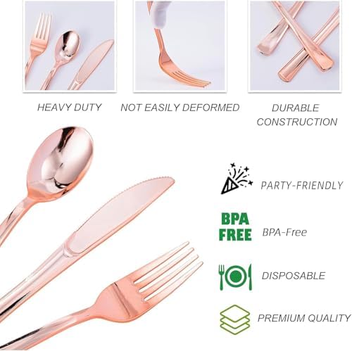 N9R 300PCS Rose Gold Plastic Silverware, Disposable Cutlery & Utensils - Image 3