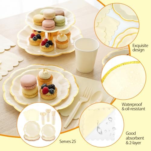 175 Pcs Ivory and Gold Paper Plates and Napkins Tableware set for 25 Guest - Image 2