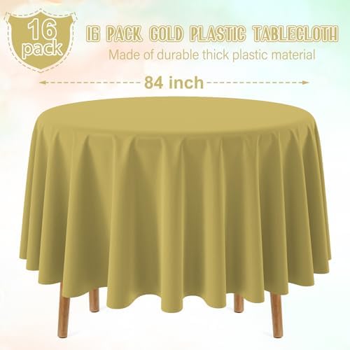 16 Pack Gold Plastic Tablecloth for Round Tables, Premium Decorative Gold Disposable Table Cloths for Parties, Bulk Round Party Table Cover for Birthday Wedding Anniversary Graduation, 84 Inch - Image 2
