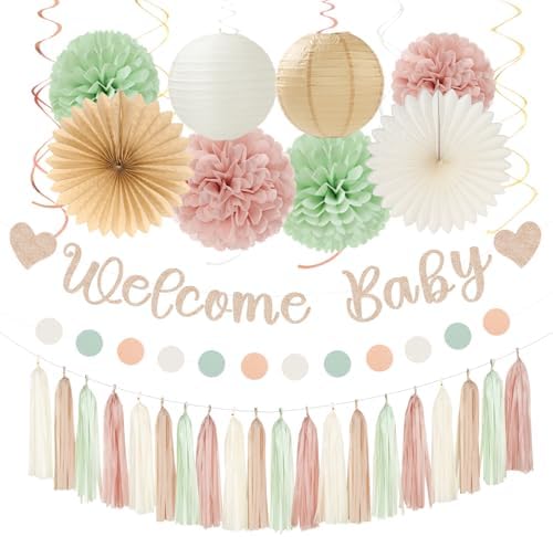Sage-Green Pink-Beige Baby-Shower Party-Decorations - 36pcs Welcome Home Banner Sign,Girl Paper Lanterns,Neutral Streamers Garland,Boho Tissue Pom Poms Flowers Fans Backdrop Decor Burgleda by Burgleda