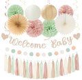 Sage-Green Pink-Beige Baby-Shower Party-Decorations - 36pcs Welcome Home Banner Sign,Girl Paper Lanterns,Neutral Streamers Garland,Boho Tissue Pom Poms Flowers Fans Backdrop Decor Burgleda by Burgleda