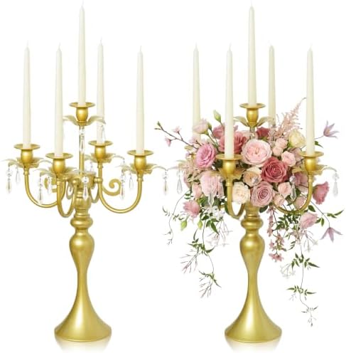 20.3'' Tall 5 Arm Silver Candelabra Centerpiece for Table, Metal Candelabra Candle Holder, Retro Candelabra Table Centerpieces for Party, Events, Home, Wedding Decor (2, Pure Gold, 5 arm) by KOLNLALA