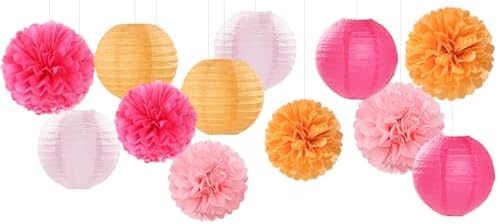 Pink-Orange Party-Decorations Paper-Flowers Lanterns - 15PCS Fall Wedding Birthday Tissue Pom Poms Streamers, Boho Baby Bridal Shower Graduation Sunset Hanging Supplies Decor Hugfond - Image 6