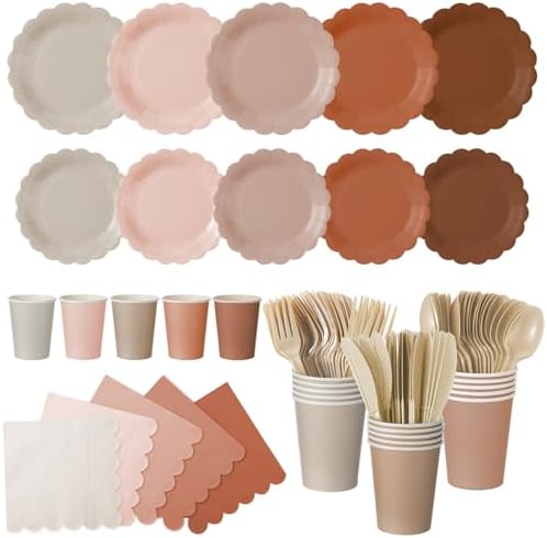 Yaomiao 175 Pcs Boho Party Supplies Brown Paper Plates Cups Napkins Set by Yaomiao