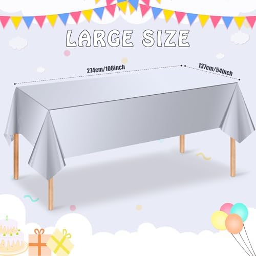 6 Pack Silver Plastic Tablecloth, Disposable Rectangle Table Covers, Holographic Metallic Foil Tablecloth Silver Party Supplies Decorations for Birthday Graduation Disco Bachelorette, 54x108Inch - Image 2