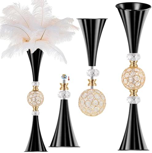 VIJIV Black Tall Crystal Flower Vases for Centerpiece - 28'' Large Trumpet Vase for Bouquet Skinny Decorative, Floor Vase Flower Stand for Party Event, Dining Table Décor, Bridal Shower, Wedding by VIJIV