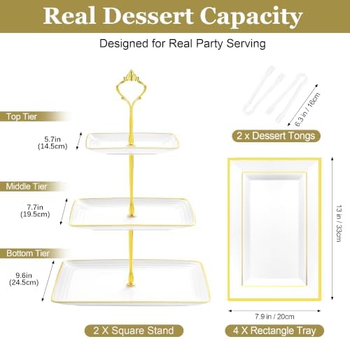 8 Pcs Dessert Display Set, 2 3-Tier Cupcake Stands, 4 Trays & 2 Tongs - Image 3