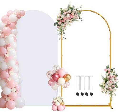 Metal Arch Backdrop Stand and Cover Set, 7.2FT Gold Wedding Backdrop Arch Frame Stand with Cover, Balloon Arch Stand with White Arch Cover for Party Birthday Baby Shower Graduation Decorations by Chesjin