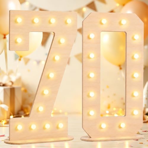 Pooqla 70th Birthday Decorations, 17.3 in Tall Wooden Light Up Numbers by Pooqla