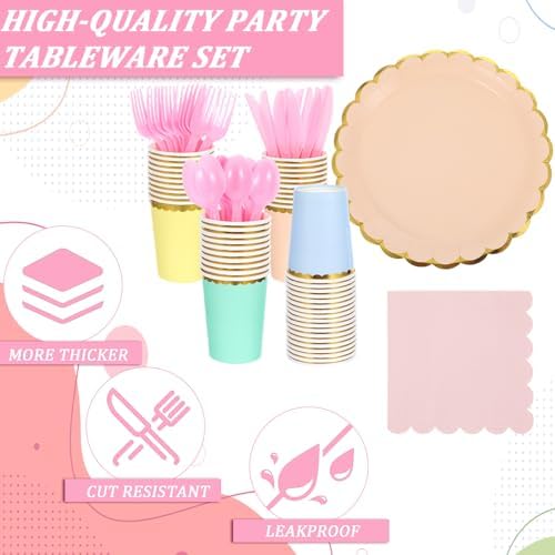 240 Pieces Pastel Party Supplies Disposable Dinnerware Set Include Plates and Cups Napkins Plastic Forks Knives Spoons Tablecloth for Wedding Birthday Party Decorations - Image 3