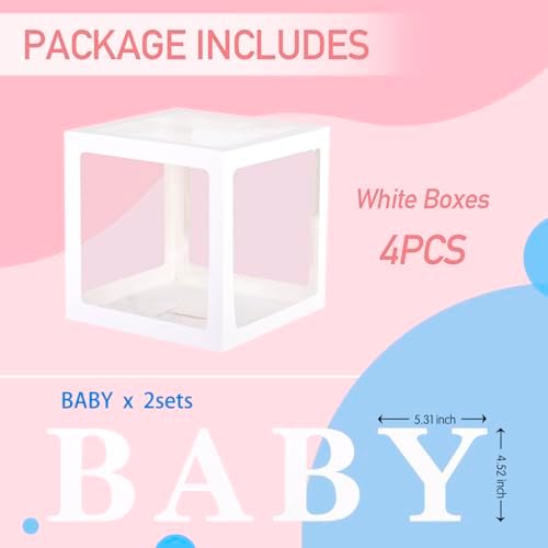 Baby Boxes with 4 PCS Letters for Baby Shower White Clear Balloon Box Blocks Gender Reveal Decorations and Birthday Party (White) - Image 2