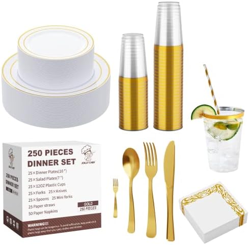 250 PCS Plastic Plates Set With Gold Rim Elegant Cutlery set for 25 Guests by JOLLYCHEF
