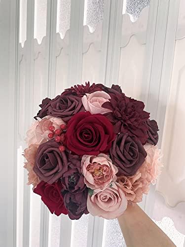FACINOC Roses Artificial Flowers Burgundy Red Mix Silk Dahlia Bulk Box Set - Image 5