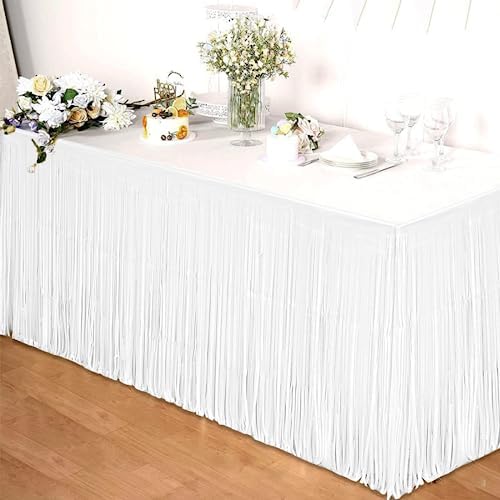 6 PCS White Metallic Foil Fringe Tinsel Table Skirts 9 Feet x 29.5 Inch - Image 4
