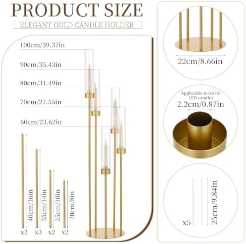 2PCS Gold 5 Arm Candle Holder Tall Floor Candelabra with Acrylic Lampshade - Image 4