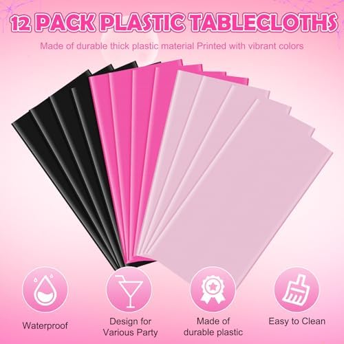12 Pack Halloween Pink and Black Plastic Tablecloth for Rectangle Tables, Pink Black Disposable Table Cover, Rectangle Table Cloth for Girls Halloween Baby Shower Birthday Party Supplies Decorations - Image 3