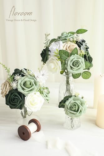 Floroom Artificial Flowers 25pcs Real Looking Emerald Green Ombre Colors Foam Fake Roses with Stems for DIY Wedding Bouquets Bridal Shower Centerpieces Sage Green Floral Arrangements Tables Decoration - Image 2
