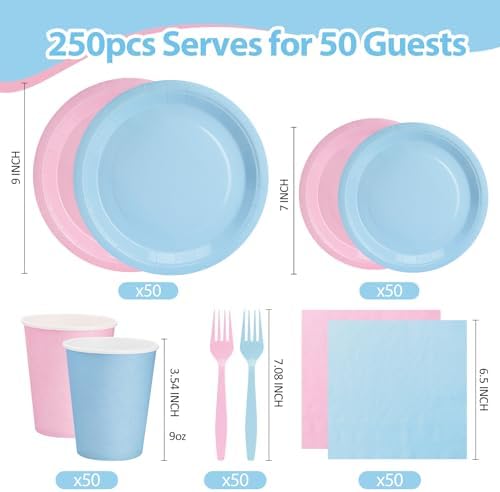 Pink and Blue Plates and Napkins Party Supplies, Include 9’’ Disposable Paper Plates, 7’’ Dessert Plates and Cups and Napkins Forks Set for Baby Showers, Birthday, Gender Reveal Party,Serves 50 - Image 2