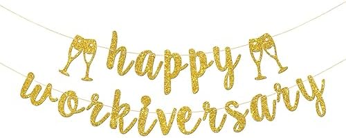 Happy Workiversary Banner - Office Work Party Supplies - Happy Work Anniversary Party Decorations - Gold Glitter by RoadSea