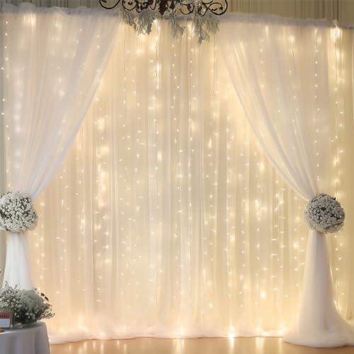 10ft x 10ft White Backdrop Curtain with Lights String for Parties, Sheer Tulle Wedding Photo Backdrops Drapes for Baby Shower Birthday Party Decorations Background for Photography - Image 2