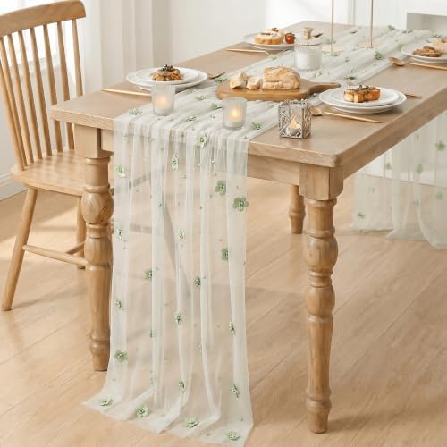 Artoid Mode Sage Green Flower Pearl White Gauze Table Runner 10FT, Seasonal Sheer Dining Holiday Wedding Birthday Baby Shower Table Decor for Home Party - Image 4