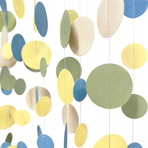 Sage Green Dusty Blue Yellow Beige Polka Dots Garlands Olive Green Macaron Yellow Dusty Blue Sand White Cream Nude Hanging Paper Circle Dots Streamer for Birthday Wedding Shower Party Decorations - Image 3