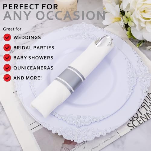 50Guests Pre Rolled Silver Plastic Silverware Sets - Heavy Duty Silver Cutlery - Include 50 Pack Wrapped Disposable Utensils with Napkins for Parties & Dinners & Weddings - Image 5