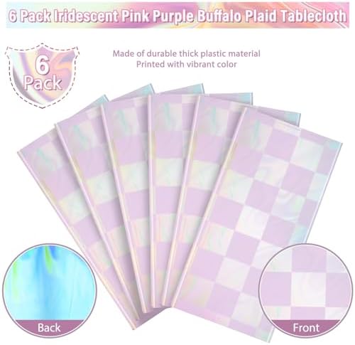 6Pack Iridescent Checkered and Purple Plastic Tablecloths Shiny Disposable Laser Rectangle Table Covers Holographic Foil Tablecloth Iridescent Party Decorations Birthday Bridal Baby Shower, 54x108Inch - Image 4