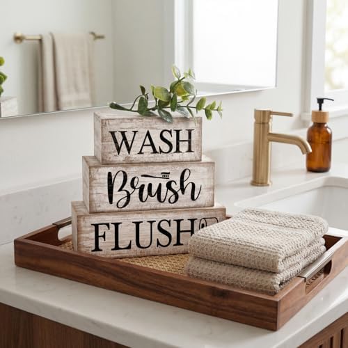 Moucuny 3 Pcs Bathroom Decor Wooden Block Signs Farmhouse Rustic - Image 5