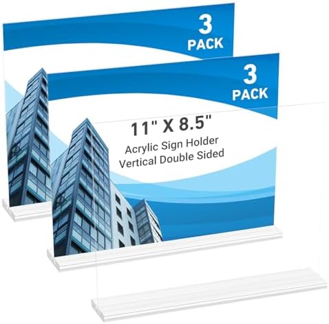 3 Pack Acrylic Sign Holder 11 x 8.5 Horizontal, Double-Sided Clear Sign Holder Plastic Stands for Display, T Shape Acrylic Table Sign Stands for Office Store Restaurants Wedding Party Decoration by DECOHOBO