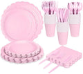 WNINK 175 PCS Light Pink Scalloped Plates and Napkins, Pink Disposable Plates Set with Napkins Cups Plastic Spoons Forks Knives for Birthday Baby Shower Gender Reveal Party Supplies Serve 25 Guests by WNINK