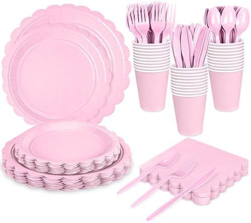 WNINK 175 PCS Light Pink Scalloped Plates and Napkins, Pink Disposable Plates Set with Napkins Cups Plastic Spoons Forks Knives for Birthday Baby Shower Gender Reveal Party Supplies Serve 25 Guests by WNINK